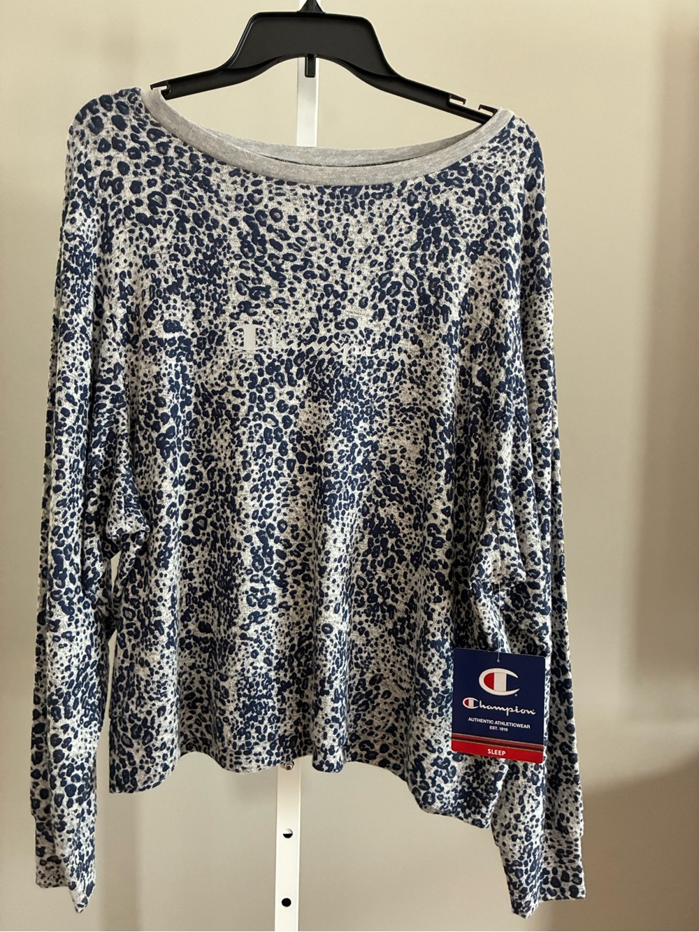 Champion Women's Navy and White Leopard-Print Long Sleeve Sleep Shirt